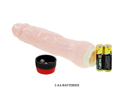Rosafarbener silikon penispuppe mit rotem und schwarzem batteriefach neben zwei aa batterien baile rockin dong penis cyber skin ii