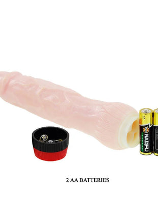 Rosafarbener silikon penispuppe mit rotem und schwarzem batteriefach neben zwei aa batterien baile rockin dong penis cyber skin ii