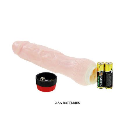 Rosafarbener silikon penispuppe mit rotem und schwarzem batteriefach neben zwei aa batterien baile rockin dong penis cyber skin ii