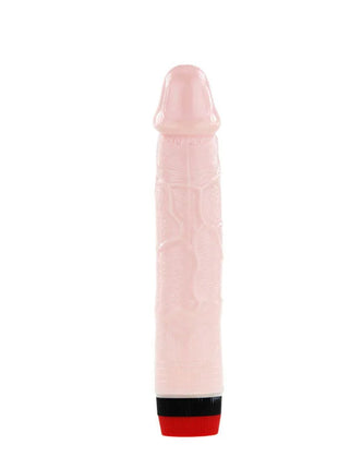Pink silikon-dildo mit strukturierter oberfläche und rot-schwarzem sockel von baile rockin dong penis cyber skin iii