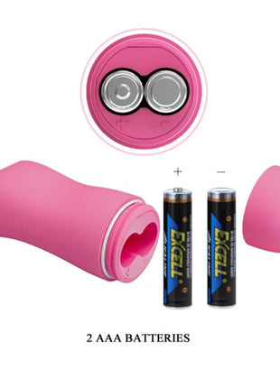 Pinkes silikonvibrationsgerät mit herzförmiger öffnung und abnehmbarem deckel neben zwei aaa batterien von baile