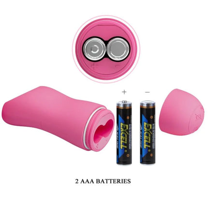 Pinkes silikonvibrationsgerät mit herzförmiger öffnung und abnehmbarem deckel neben zwei aaa batterien von baile