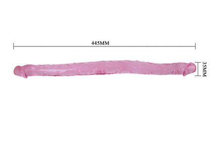 Ein translucentes pinkes silikon dildoprodukt von baile rosa doppeldong 44,5 cm lang und 35 mm breit