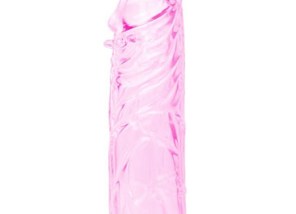 Rosa stimulierende penishülle aus silikon 13 cm mit transparenter textur und kleinem verschluss am fuß