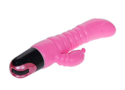 Rosa vibrator 22.5 cm von baile silikontoy in pink und schwarz mit gerippter oberfläche und kleinem auslöseanhängsel