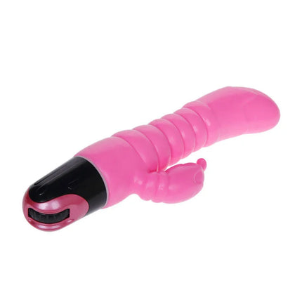 Rosa vibrator 22.5 cm von baile silikontoy in pink und schwarz mit gerippter oberfläche und kleinem auslöseanhängsel