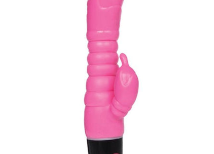 Rosa silikon vibrator in hasenform mit schwarzer basis und rosa einschaltknopf baile rosa vibrator 22,5 cm