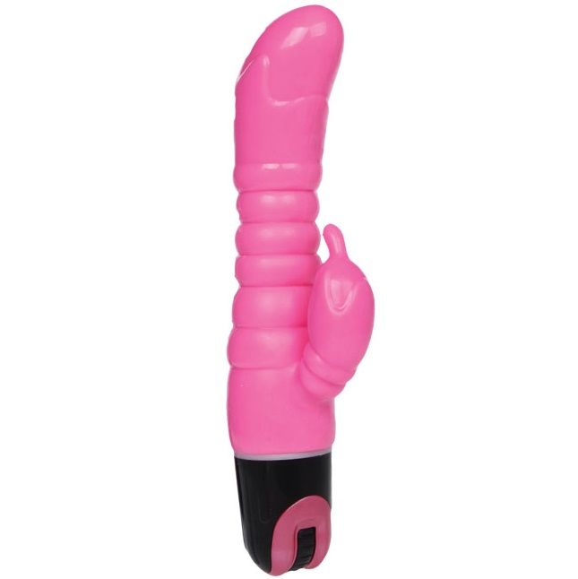 Rosa silikon vibrator in hasenform mit schwarzer basis und rosa einschaltknopf baile rosa vibrator 22,5 cm