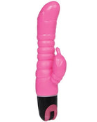 Rosa silikon vibrator in hasenform mit schwarzer basis und rosa einschaltknopf baile rosa vibrator 22,5 cm