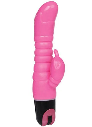 Rosa silikon vibrator in hasenform mit schwarzer basis und rosa einschaltknopf baile rosa vibrator 22,5 cm