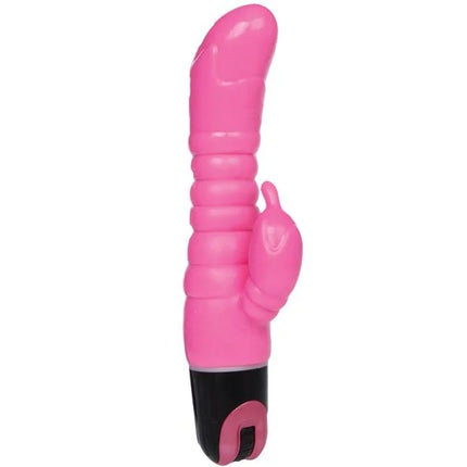 Rosa silikon vibrator in hasenform mit schwarzer basis und rosa einschaltknopf baile rosa vibrator 22,5 cm