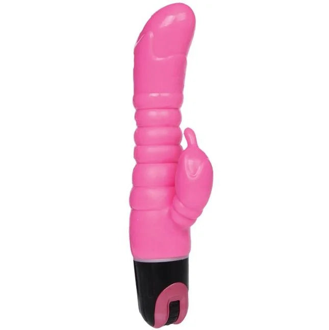 Rosa silikon vibrator in hasenform mit schwarzer basis und rosa einschaltknopf baile rosa vibrator 22,5 cm