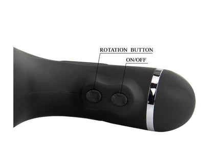 Schwarzer silikon-handhabbarer vibrator mit zwei steuerknöpfen und silbernem akzentband für baile rotation lover automatischer masturbator 5v