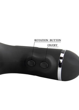 Schwarzer silikon-handhabbarer vibrator mit zwei steuerknöpfen und silbernem akzentband für baile rotation lover automatischer masturbator 5v