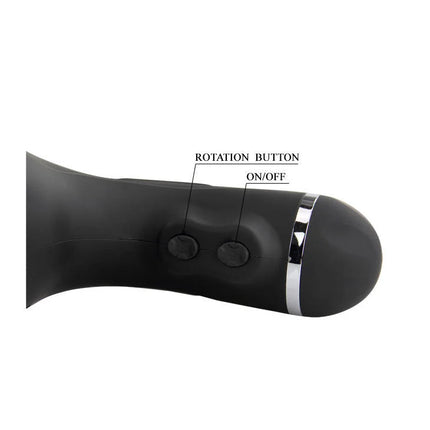 Schwarzer silikon-handhabbarer vibrator mit zwei steuerknöpfen und silbernem akzentband für baile rotation lover automatischer masturbator 5v