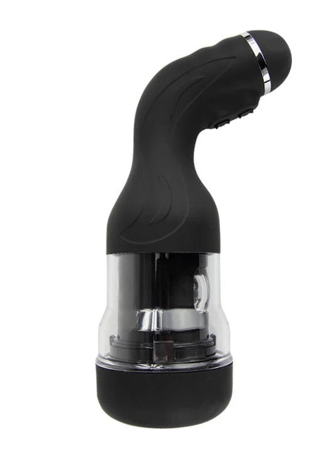 Schwarzer silikon und klarer kunststoff masturbator mit silbernem ring baile rotation lover automatisch 5v