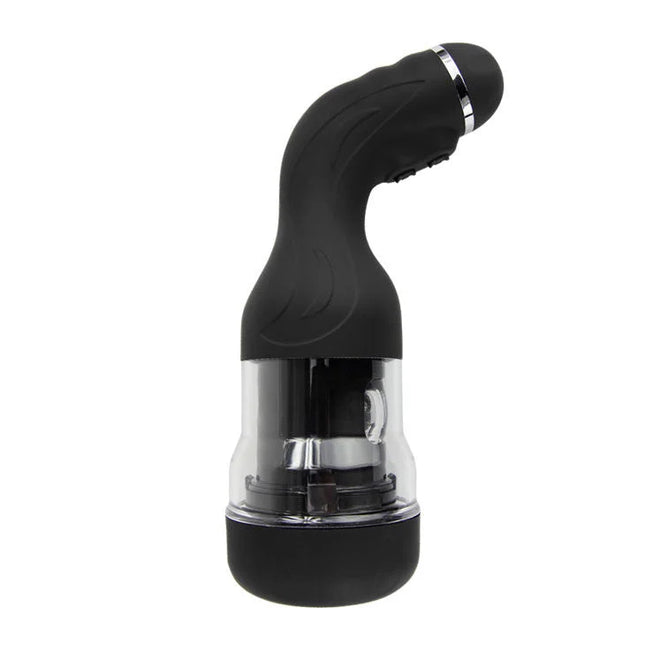Schwarzer silikon und klarer kunststoff masturbator mit silbernem ring baile rotation lover automatisch 5v