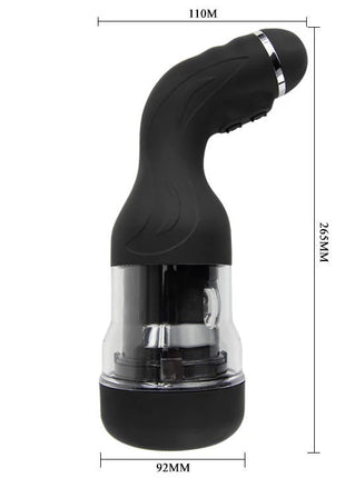 Schwarzer silikon und klarer kunststoff automatischer masturbator mit silberner metallakzent baile rotation lover 5v
