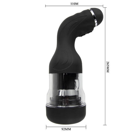 Schwarzer silikon und klarer kunststoff automatischer masturbator mit silberner metallakzent baile rotation lover 5v