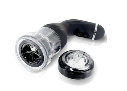 Schwarzer und klarer plastikelektrospielzeug mit gebogenem griff transparentem zylindrischem kopf und abnehmbarem rundem sockel baile rotation lover automatischer masturbator mit unterstützung