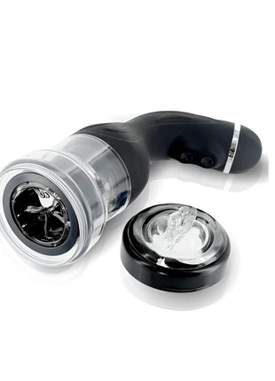 Schwarzer und klarer plastikelektrospielzeug mit gebogenem griff transparentem zylindrischem kopf und abnehmbarem rundem sockel baile rotation lover automatischer masturbator mit unterstützung