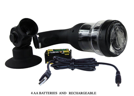 Schwarze handtaschenlampe mit klarem objektiv und rutschfestem griff samt saugnapfhalterung und ladekabel für baile rotation lover automatischer masturbator