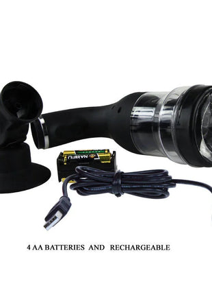 Schwarze handtaschenlampe mit klarem objektiv und rutschfestem griff samt saugnapfhalterung und ladekabel für baile rotation lover automatischer masturbator