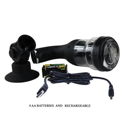 Schwarze handtaschenlampe mit klarem objektiv und rutschfestem griff samt saugnapfhalterung und ladekabel für baile rotation lover automatischer masturbator