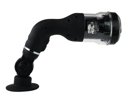 Schwarzes ergonomisches baile rotation lover automatischer mastubator mit transparentem zylindrischem kopf und silbernem akzentband