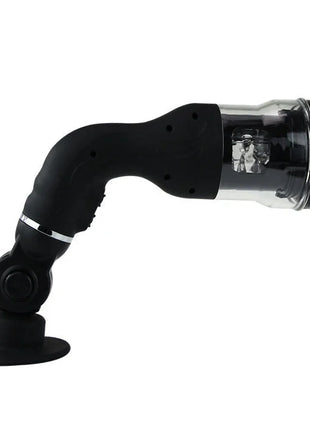 Schwarzes ergonomisches baile rotation lover automatischer mastubator mit transparentem zylindrischem kopf und silbernem akzentband