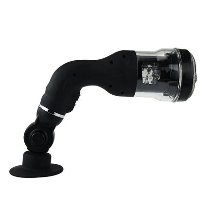 Schwarzes ergonomisches baile rotation lover automatischer mastubator mit transparentem zylindrischem kopf und silbernem akzentband