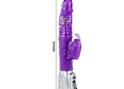 Lila transparente silikon runder vibrator in kaninchenform mit silberner basis und steuerung knöpfen von baie schmetterlings tulpe rotator auf und ab