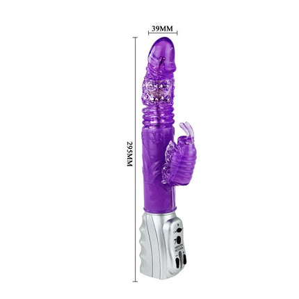 Lila transparente silikon runder vibrator in kaninchenform mit silberner basis und steuerung knöpfen von baie schmetterlings tulpe rotator auf und ab
