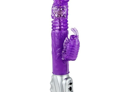 Lila transparenter plastik vibrator in form eines hasen mit silberner basis und bedientasten von baile schmetterlings tulpe rotator auf und ab