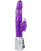 Lila transparenter plastik vibrator in form eines hasen mit silberner basis und bedientasten von baile schmetterlings tulpe rotator auf und ab