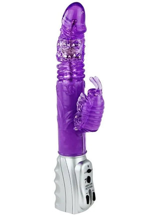 Lila transparenter plastik vibrator in form eines hasen mit silberner basis und bedientasten von baile schmetterlings tulpe rotator auf und ab