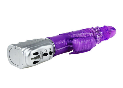 Lila transparente silikon vibrator mit silbernem metallic bedienkopf und schmetterlings tulpe rotator funktion