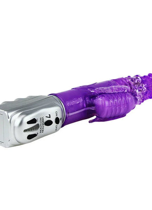 Lila transparente silikon vibrator mit silbernem metallic bedienkopf und schmetterlings tulpe rotator funktion