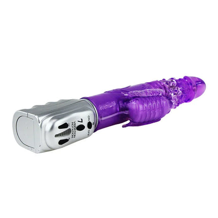Lila transparente silikon vibrator mit silbernem metallic bedienkopf und schmetterlings tulpe rotator funktion