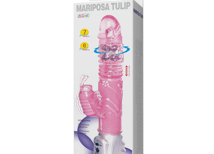 Pink transluzenter mariposa tulpe vibrator mit birnenförmigem kopf, geriffeltem schaft und steuerpanel basis