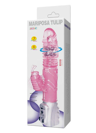 Pink transluzenter mariposa tulpe vibrator mit birnenförmigem kopf, geriffeltem schaft und steuerpanel basis