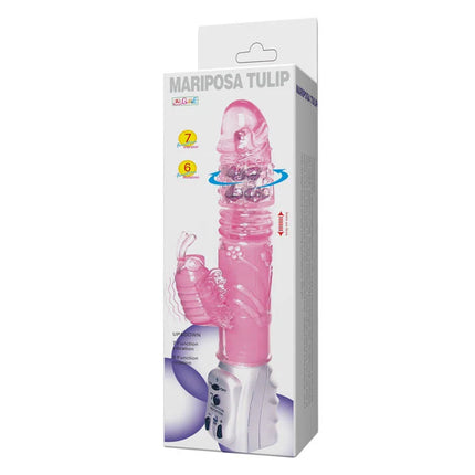 Pink transluzenter mariposa tulpe vibrator mit birnenförmigem kopf, geriffeltem schaft und steuerpanel basis
