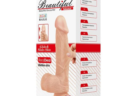 Beige farbener realistischer dildo von baile mit hautstruktur und saugnapfbasis 21,8 cm lang in markenverpackung