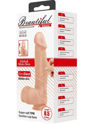 Beige farbener realistischer dildo von baile mit hautstruktur und saugnapfbasis 21,8 cm lang in markenverpackung