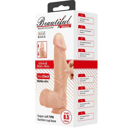 Beige farbener realistischer dildo von baile mit hautstruktur und saugnapfbasis 21,8 cm lang in markenverpackung