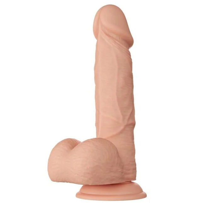 Peachfarbener silikon dildo in phallusform mit gerundeter basis und detailreicher textur von baile bahamut 21,8 cm