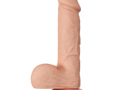 Peachfarbener silikon dildo in phallusform mit realistischer struktur und abgerundetem boden von baile 21,8 cm