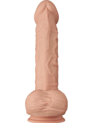 Ein pfirsichfarbener realistischer silikon dildo von baile mit strukturierten rippen und abgerundetem sockel 26 cm
