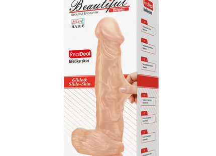 Beige silikon realistischer dildo 26 cm mit hauttextur und saugfuß in weißer verpackung von baile beautiful encounter