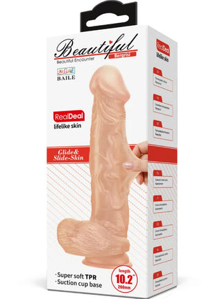 Beige silikon realistischer dildo 26 cm mit hauttextur und saugfuß in weißer verpackung von baile beautiful encounter